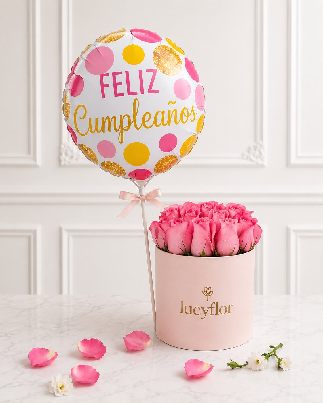 Box de Rosas con Globo Feliz Cumpleaños