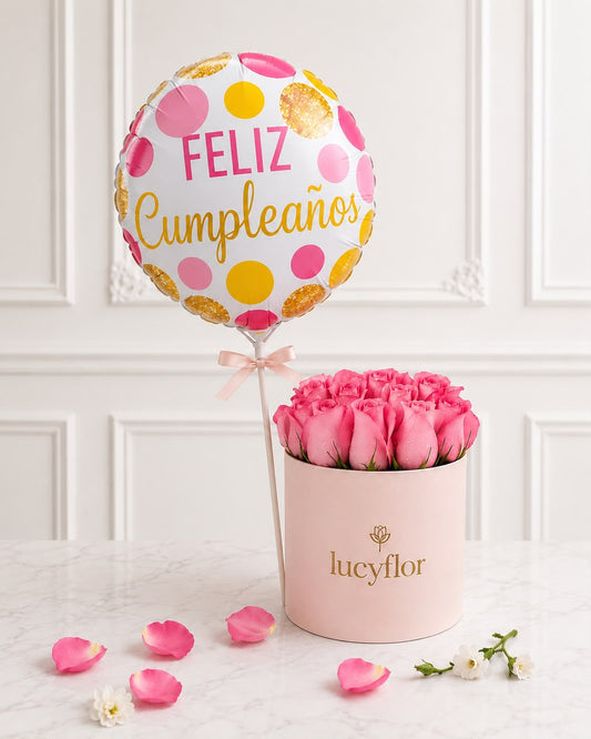 Box de Rosas con Globo Feliz Cumpleaños