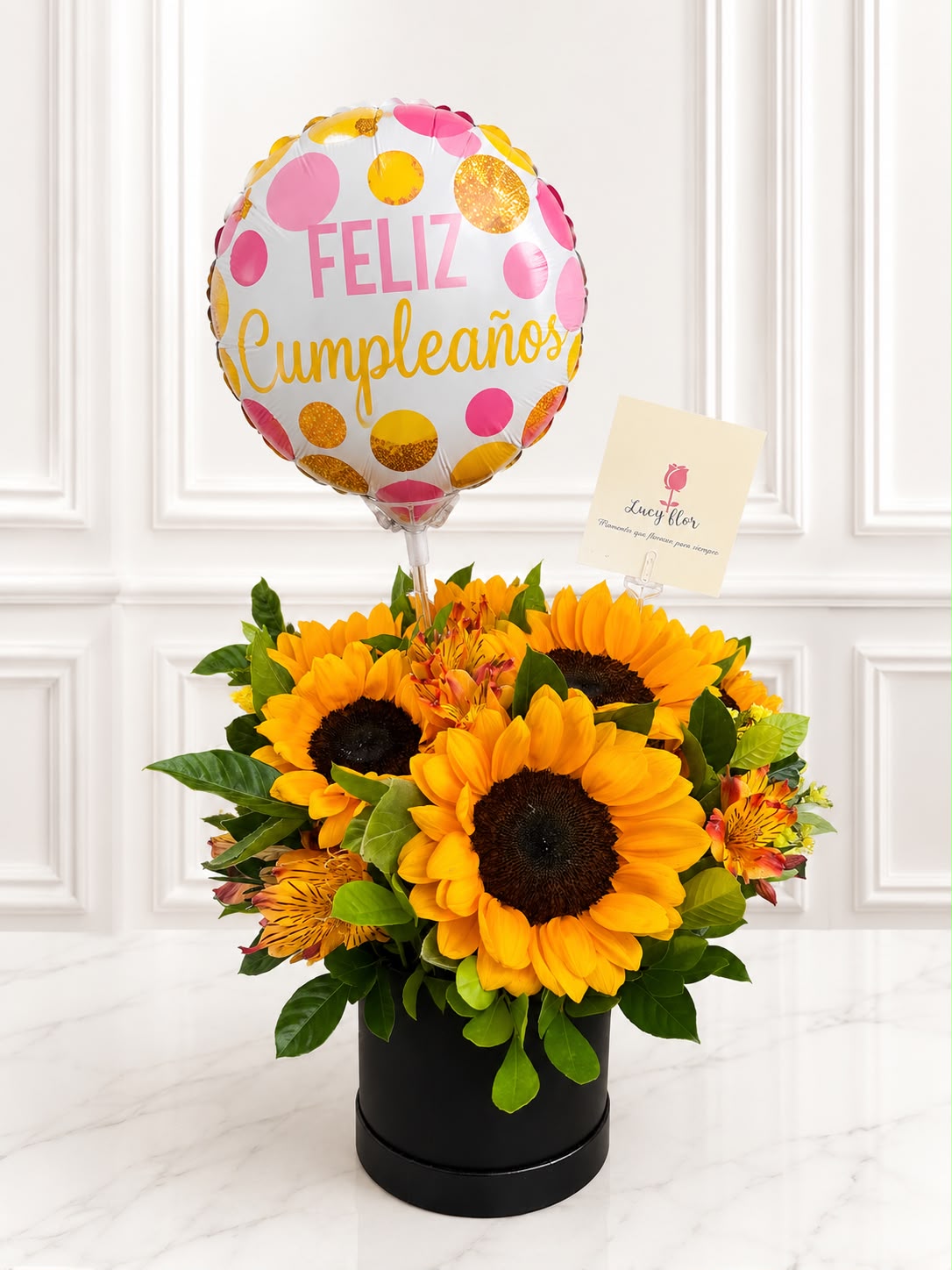 Box de Girasoles con Globo Feliz Cumpleaños
