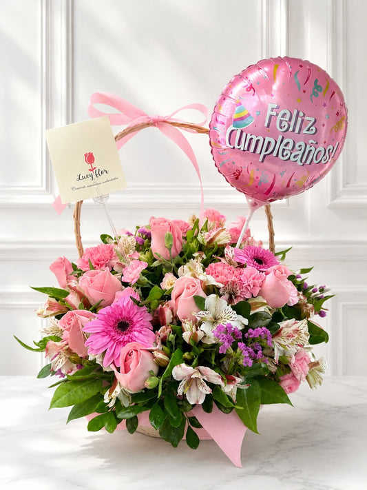Canasta Floral Rosa Feliz Cumpleaños